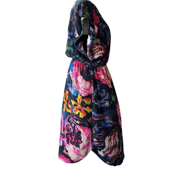 Anthropologie Black Floral Abstract Midi Dress | Size M | V-Neck Elastic Waist - Picture 5 of 9